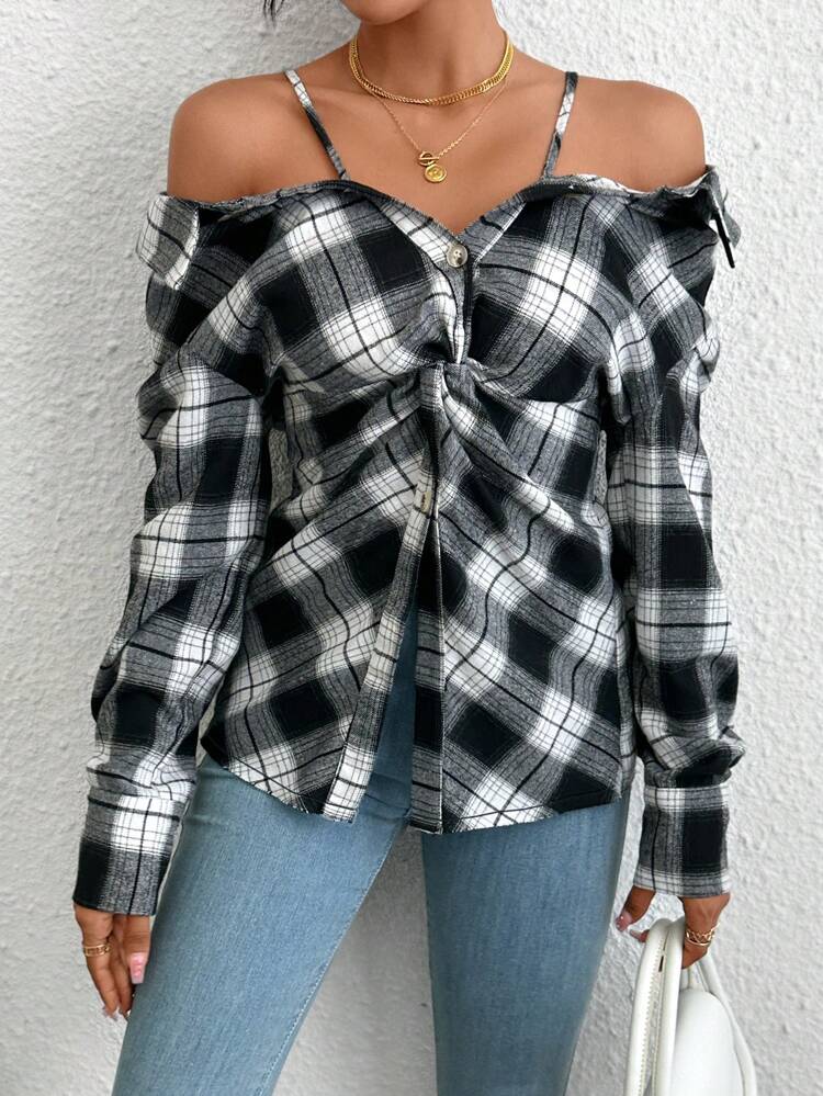 Plaid Print Cold Shoulder Twist Front Blouse