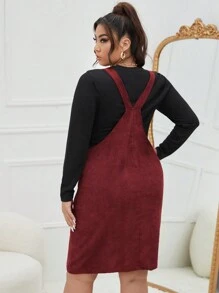SHEIN EZwear Plus Patched Pocket Split Hem Overall Dress Without Tee, Winter