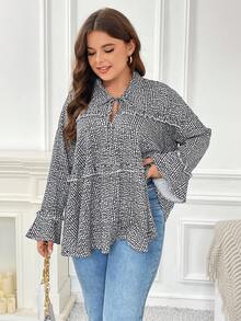 SHEIN Frenchy Hơn In Toàn bộ Cà vạt tay áo lá sen Lá sen tỉa Áo sơ mi - Đen và trắng - Xem 4