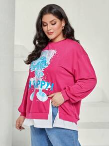 SHEIN X The Smurfs Plus Letter & Cartoon Graphic Drop Shoulder 2 In 1 Sweatshirt - Pink - View 8