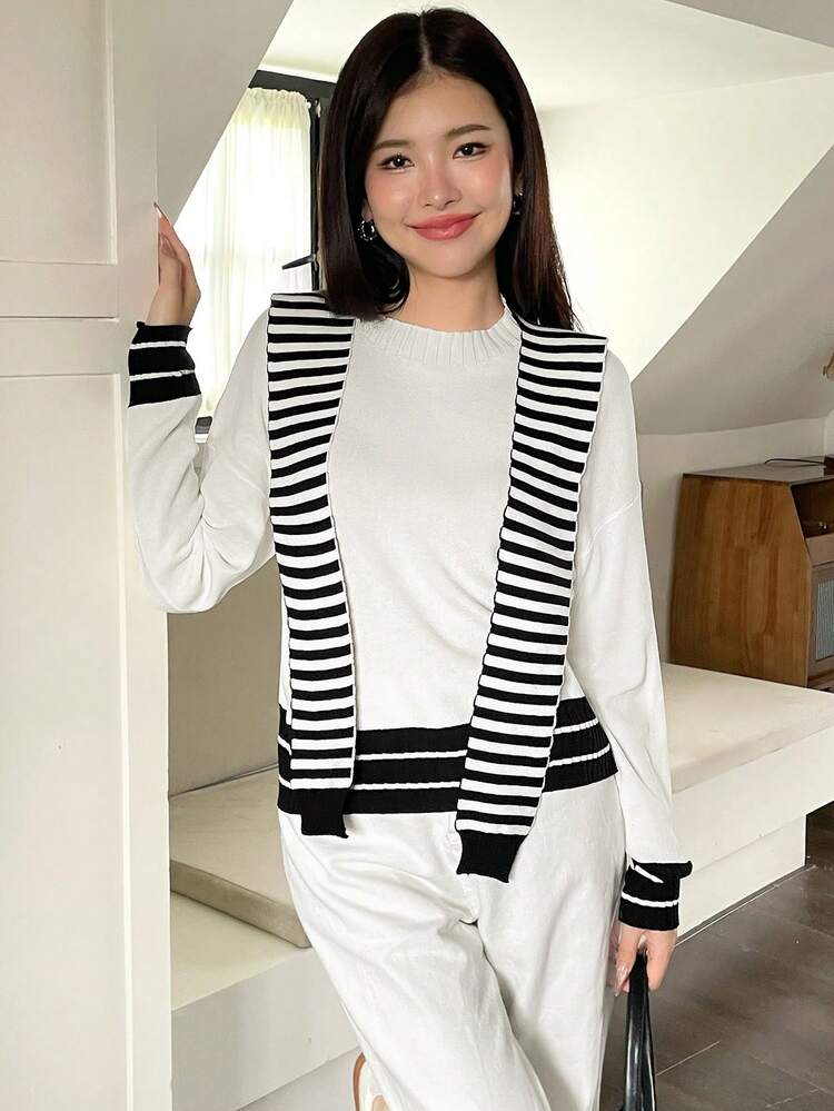 Striped Trim Drop Shoulder Knit Pullover Fall Winter Sweater