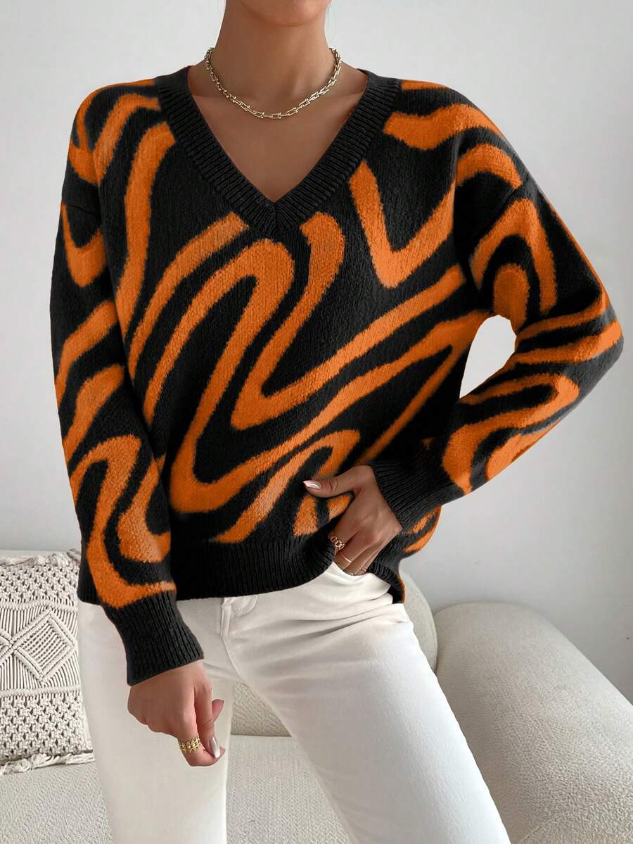 SHEIN Essnce Allover Pattern Drop Shoulder Sweater - Black - View 1