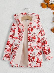 SHEIN 女小童印花毛絨內襯連帽外套 - 紅色 - 查看 1