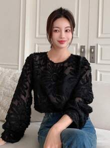 DAZY Solid Sheer Mesh Blouse Without Bra Going Out Tops,Back To School Clothes,Fall Women Clothes Long Sleeve Top - Black - View 6