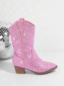Mini mi Chicas Botas con cremallera lateral con diseño de diamante de imitación - Rosa - Ver 5