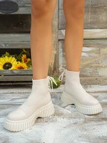 女性極簡風格套頭衫針織靴子時尚繫帶素色女性靴子