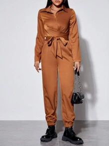 SHEIN PETITE 素色前繫帶襯衫連體褲 - 棕色 - 查看 3