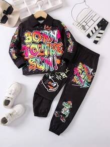 SHEIN Young Boy Letter Graphic Shirt & Sweatpants - Black - View 1