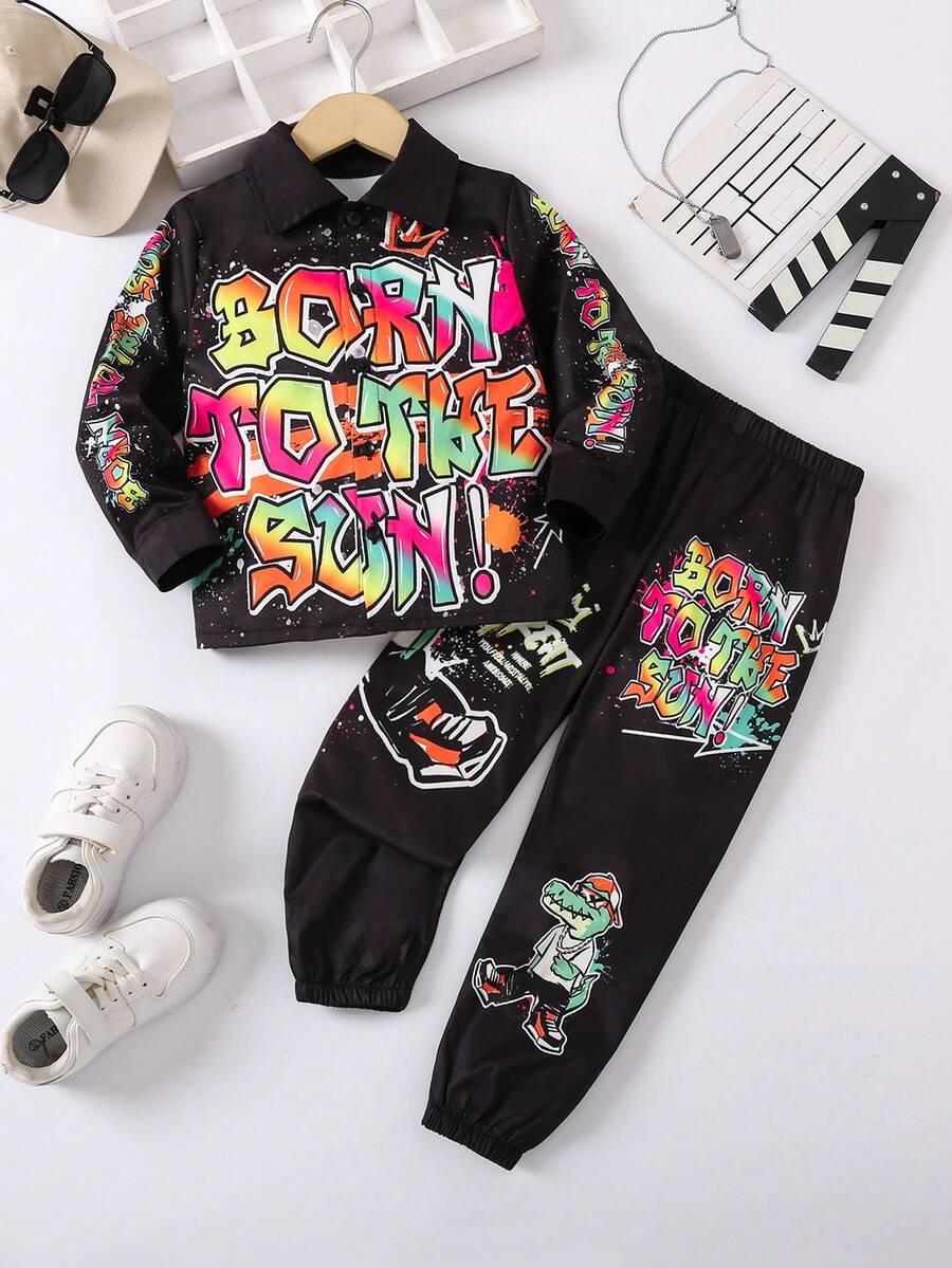 SHEIN Young Boy Letter Graphic Shirt & Sweatpants - Black - View 1