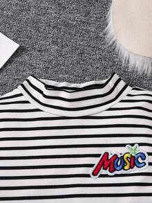 SHEIN Young Boy Striped & Letter Patched Mock Neck Tee - Black and White - View 6