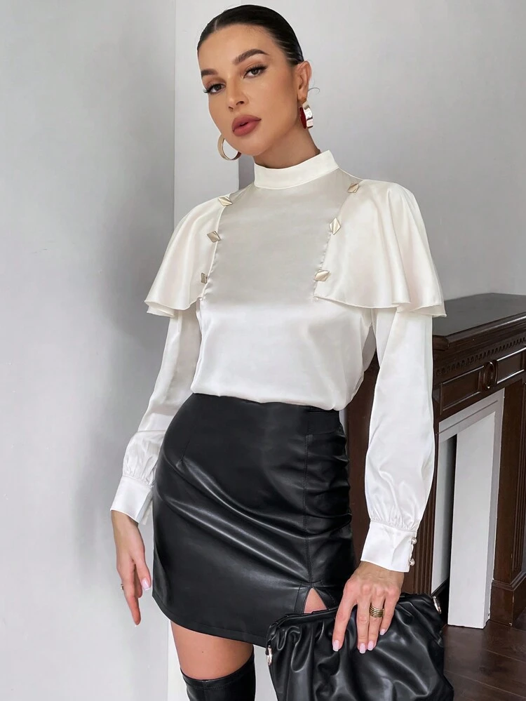 Mock Neck Ruffle Trim Satin Blouse