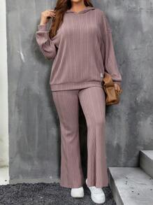 SHEIN LUNE Plus Drop Shoulder Hoodie & Flare Leg Pants - Dusty Pink - View 6