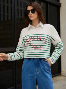 SHEIN Frenchy 條紋圖案&字母圖案落肩袖套頭毛衣 - 彩色 - 查看 4