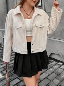 Flirla Plus Drop Shoulder Flap Detail Corduroy Jacket - Apricot - View 1