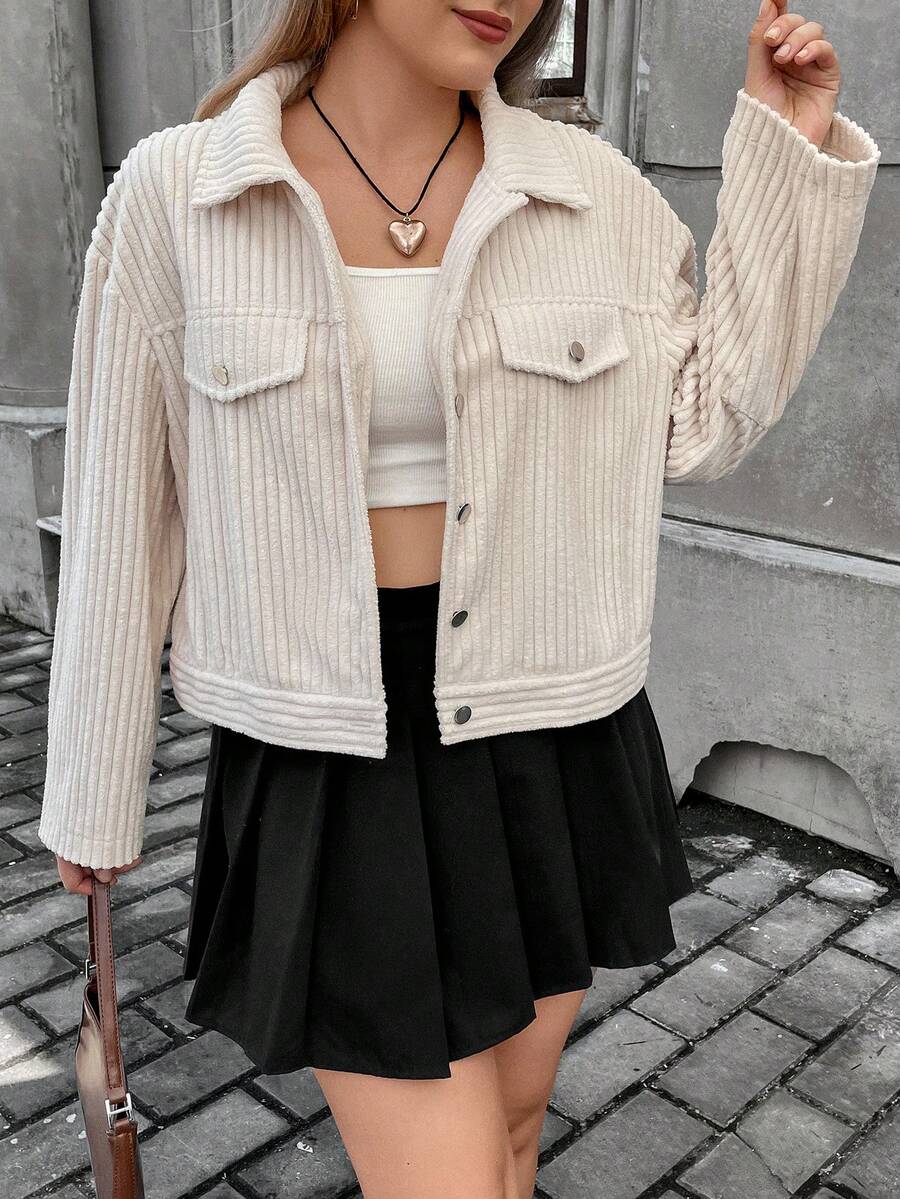 Flirla Plus Drop Shoulder Flap Detail Corduroy Jacket - Apricot - View 1