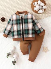 Baby Boy Plaid Print Bomber Jacket & Sweatpants - Multicolor - View 1