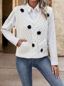 Chiquease 1入組花卉圖案麻花編織毛衣背心 - 白色 - 查看 5