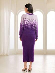 Modelyn Colorblock Sweater & Knit Skirt 2 Piece Set Fall Cloth For Women - Purple - View 2