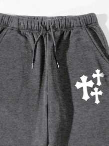 Men Cross Print Drawstring Waist Sweatpants - Dark Grey - View 3