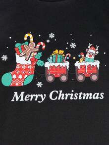 Flirla Plus Christmas Print Raglan Sleeve Sweatshirt Pullover Fall Sweatshirt - Black - View 5