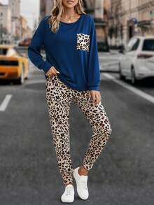 EMERY ROSE Leopard Print Pocket Patched Tee & Sweatpants - Multicolor - View 6