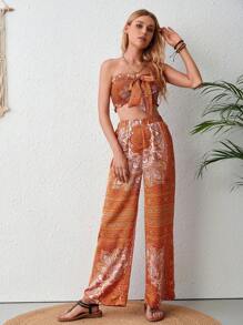 SHEIN VCAY 印花前打結抹胸上衣&闊腿褲 - 橘色 - 查看 5