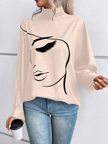 EMERY ROSE Figure Graphic Batwing Sleeve Blouse,Long Sleeve Tops