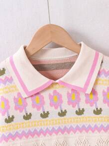 SHEIN 女大童花卉圖案Polo領落肩袖套頭毛衣 - 杏色 - 查看 4