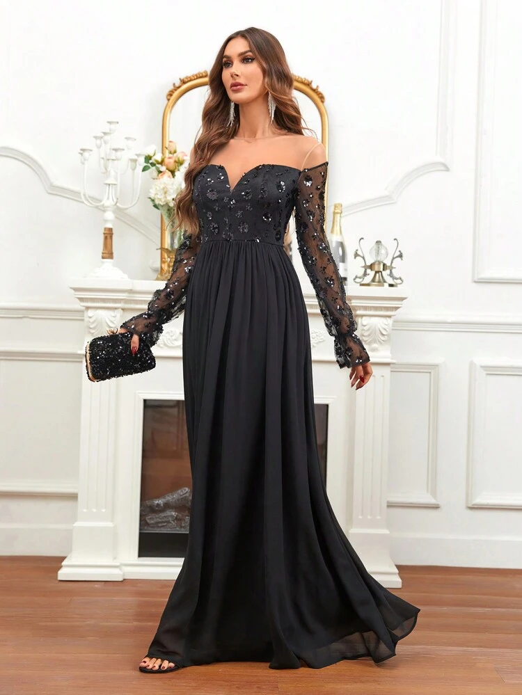 Off Shoulder Sequin Decor Formal Dress