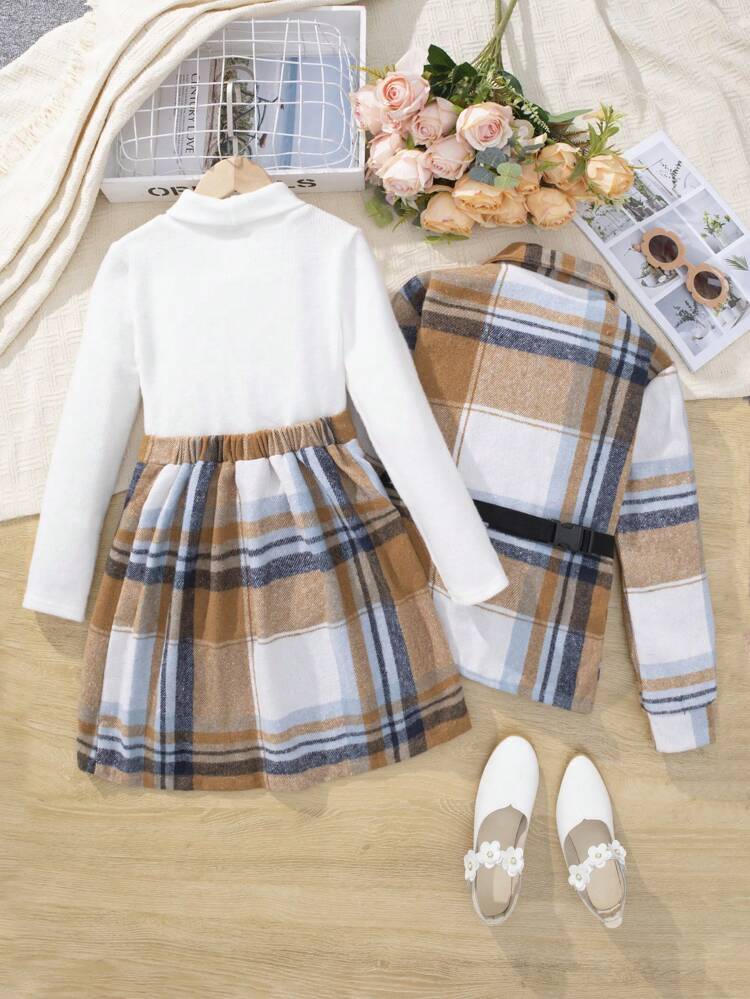 Tween Girls' Classic Plaid High Neck T-shirt, Mini Skirt, Waist Bag, Shirt Style Outerwear Urban Casual 3pcs/set For Autumn And Winter