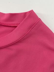 SHEIN Unity Áo thun cổ tròn tay dài in khẩu hiệu dành cho nữ có dây buộc phía sau - Màu Hồng Tươi - Xem 3