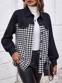 SHEIN LUNE 千鳥格印花落肩袖翻蓋細節前紐扣外套 - 黑與白 - 查看 1