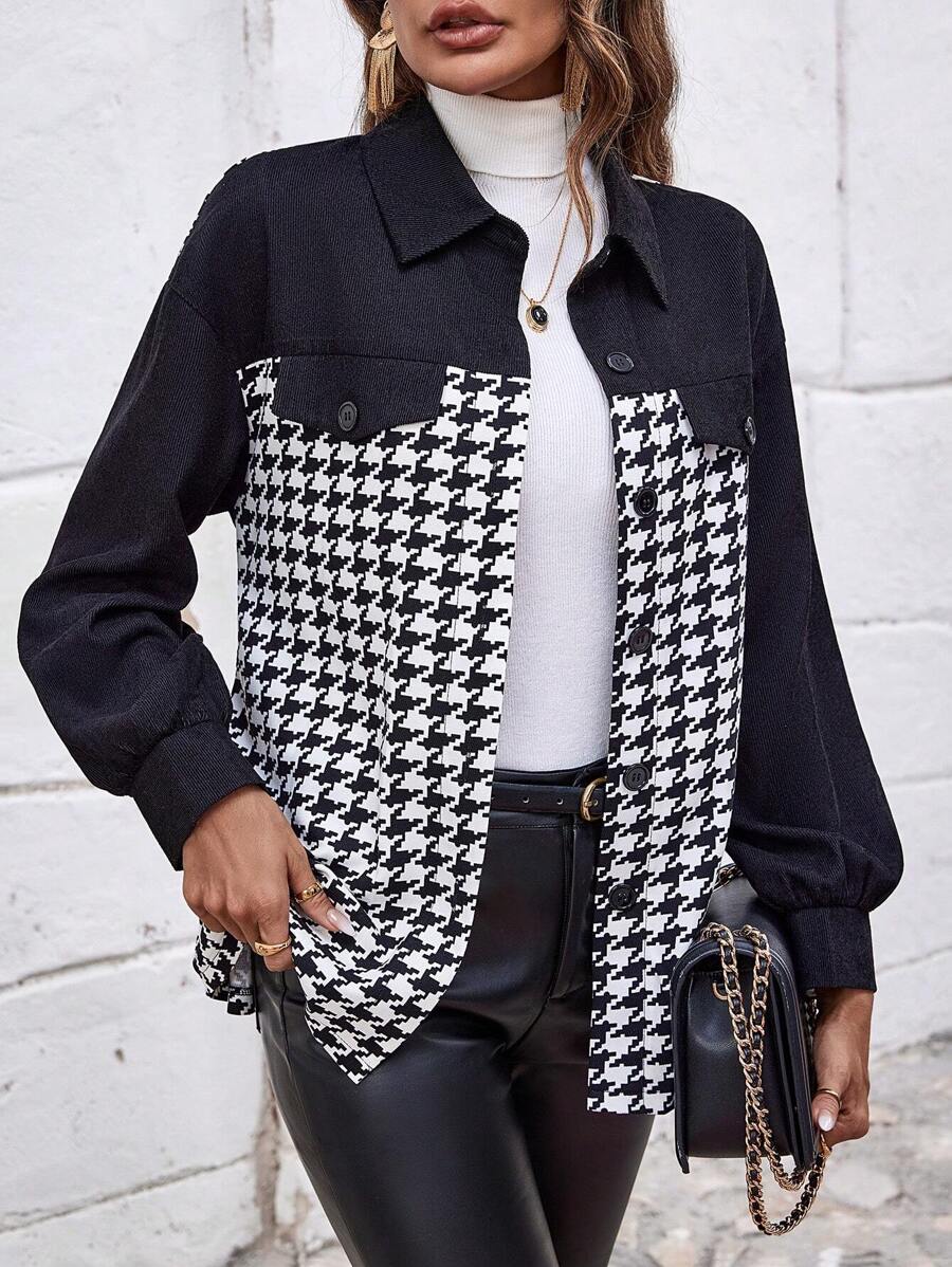 SHEIN LUNE 千鳥格印花落肩袖翻蓋細節前紐扣外套 - 黑與白 - 查看 1