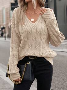 SHEIN LUNE 秋冬麻花针织落肩毛衣