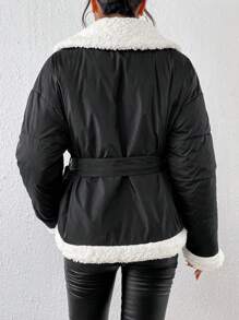 SHEIN Frenchy Teddy Lined Belted Padded Coat - Black and White - View 2