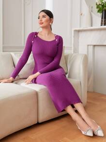 Modelyn Button Detail Ribbed Knit Sweater Dress - Red Violet - View 5