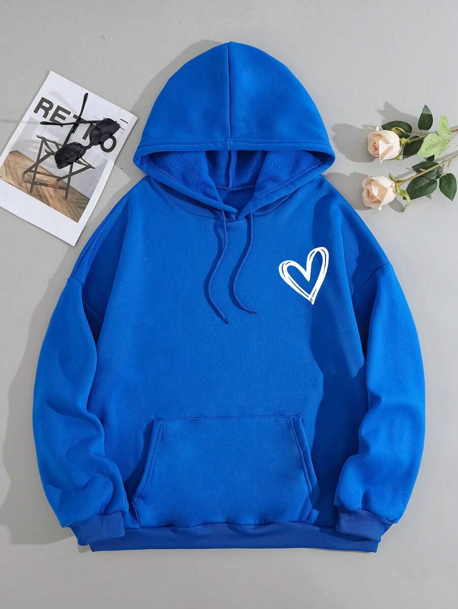 SHEIN Unity Áo nỉ giữ nhiệt cỡ lớn in hình trái tim, có túi kangaroo và dây rút, lót lông. - Xanh đậm - Xem 1