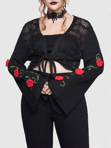 ROMWE Goth Plus Floral Embroidery Tie Front Cardigan - Black - View 2