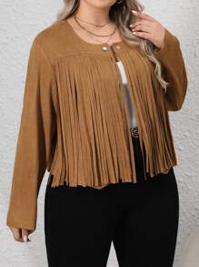 SHEIN LUNE جاكيت مقلم كشكش أزرار أمامية مقاس كبير - بني - مشاهدة 3