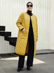 BizChic Dual Pocket Drop Shoulder Quilted Coat - Yellow - View 4