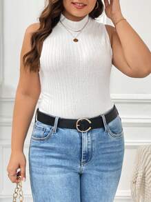 SHEIN Frenchy Plus Mock Neck Ribbed Knit Tank Top - White - View 4