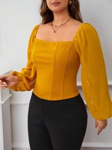 SHEIN Privé Plus Square Neck Lantern Sleeve Top - Yellow - View 3