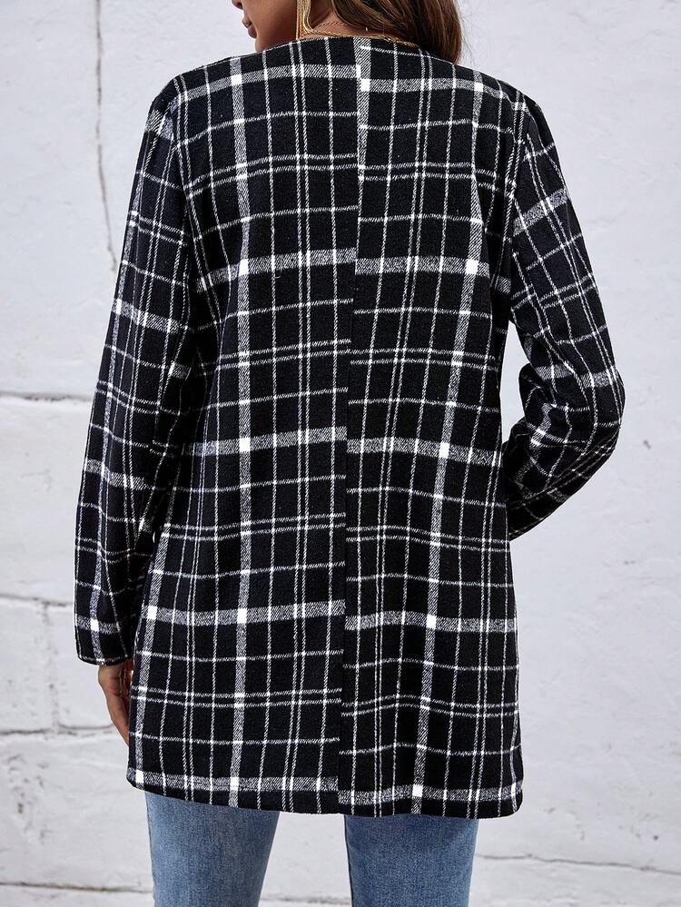 Plaid Print Open Front Overcoat Fall Cloth For Women