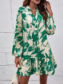 SHEIN Clasi 圖案印花缺口領荷葉邊娃娃裙 - 彩色 - 查看 3