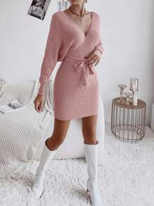 Chiquease Chất rắn Bọc tay cánh Thắt lưng Đầm Áo len - Bụi hồng - Xem 4