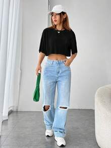 SHEIN EZwear Solid Drop Shoulder Crop Tee - Black - View 3