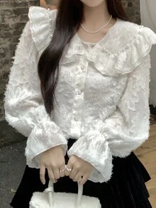 Solid Ruffle Trim Statement Collar Fuzzy Blouse,Long Sleeve Tops