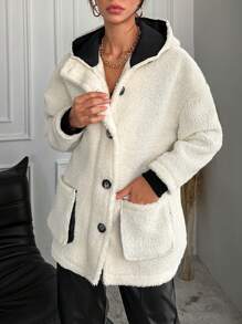EURMUSE Dual Pocket Drop Shoulder Hooded Teddy Coat - White - View 2