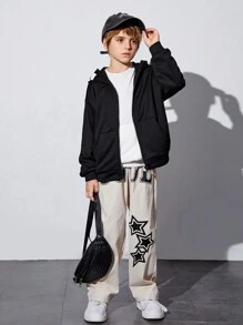 SHEIN 男童休闲宽松针织卫衣，印花图案，日常穿着 - 黑色 - 查看 4