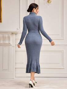 Modelyn 高領魚尾裙下擺腰帶毛衣洋裝 - 霧霾藍 - 查看 2